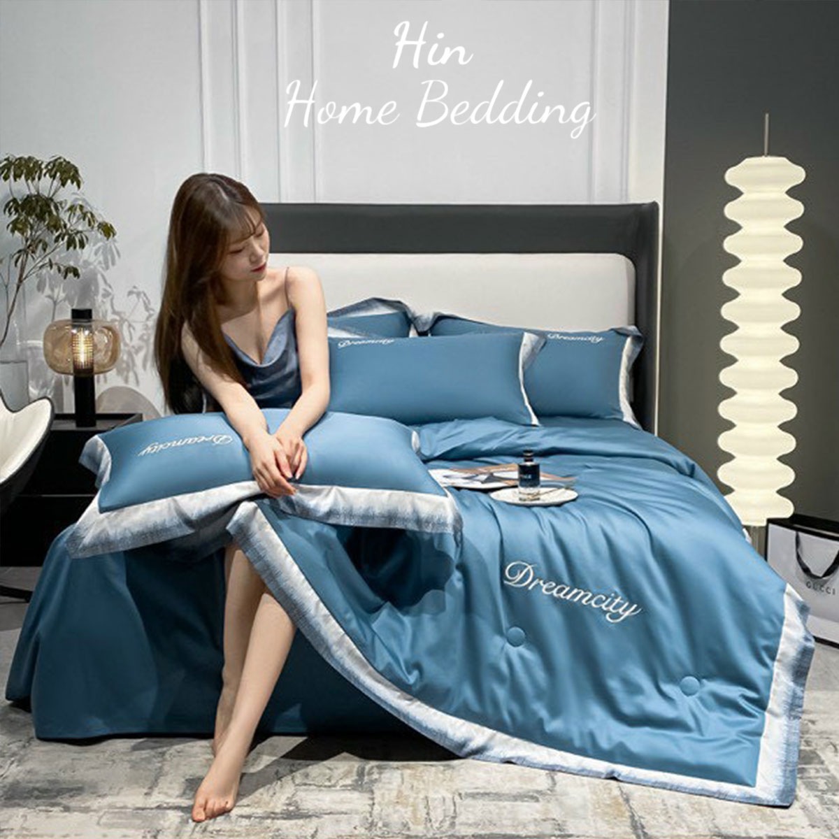 Bộ Chăn Ga Gối Đệm 5 Món Chăn Phao Lụa Thái Hin Home Bedding Mẫu Xanh Biển Đậm