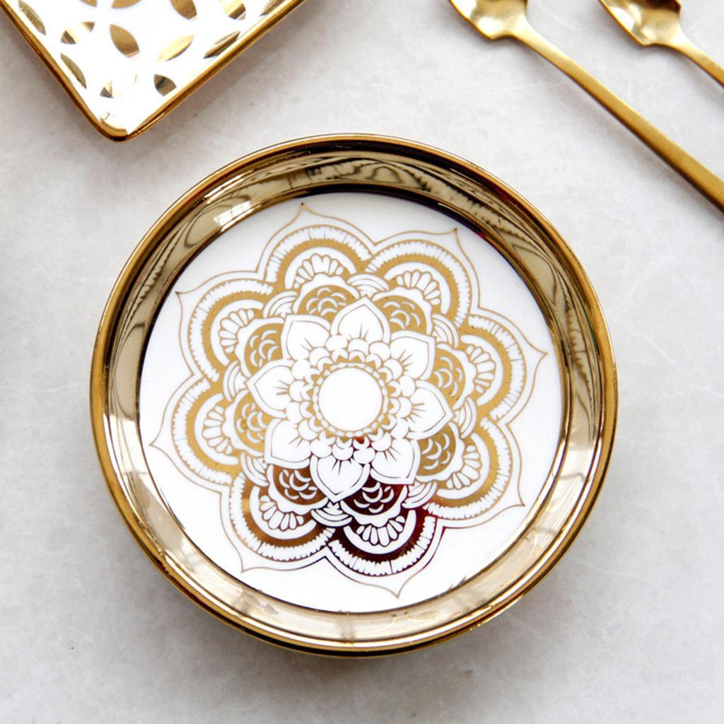 2X Nordic Style Ceramic Small Dishes Circle Trinket Tray Gold Trim Style-02