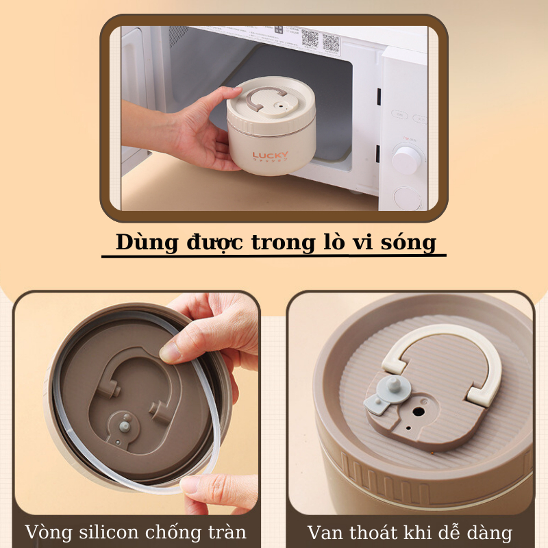 Hộp Đựng Cơm Giữ Nhiệt Lucky INOX 304 - Dung tích 1L - 2L Tặng kèm túi và Bộ dụng cụ ăn