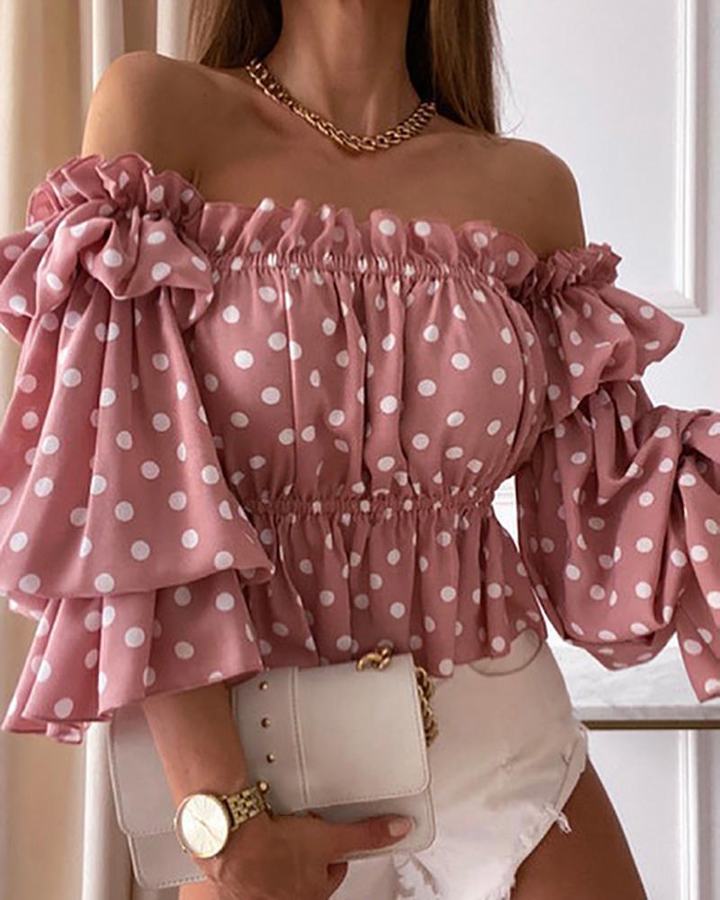 Mùa Hè Nữ Chấm Bi In Hình Lệch Vai Shirred Top 2021 Thanh Lịch Femme Tay Phồng Áo Áo Nữ Trang Phục Y2k Đường May Tỉ