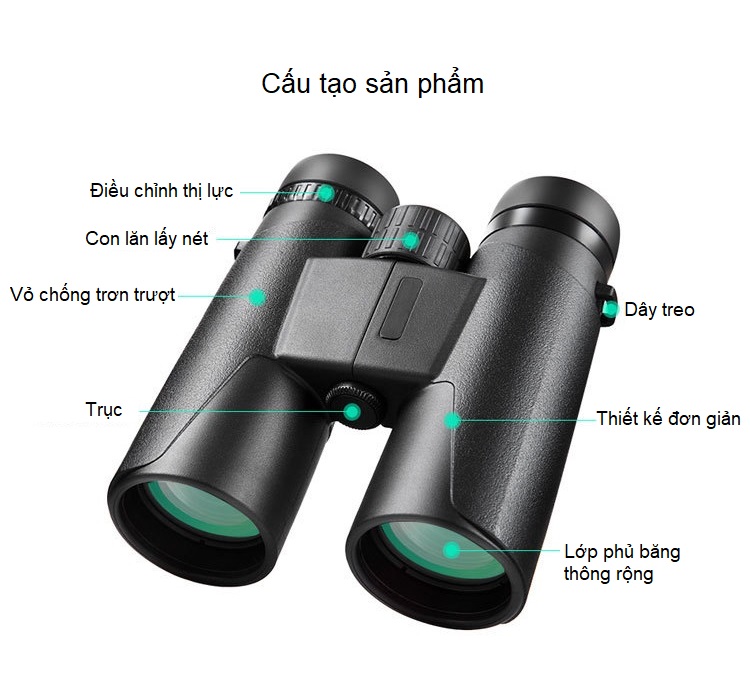 Ống nhòm 2 mắt đi thám hiểm phóng đại 10 lần siêu nét, zoom xa, thấu kính BAK4 chất lượng cao