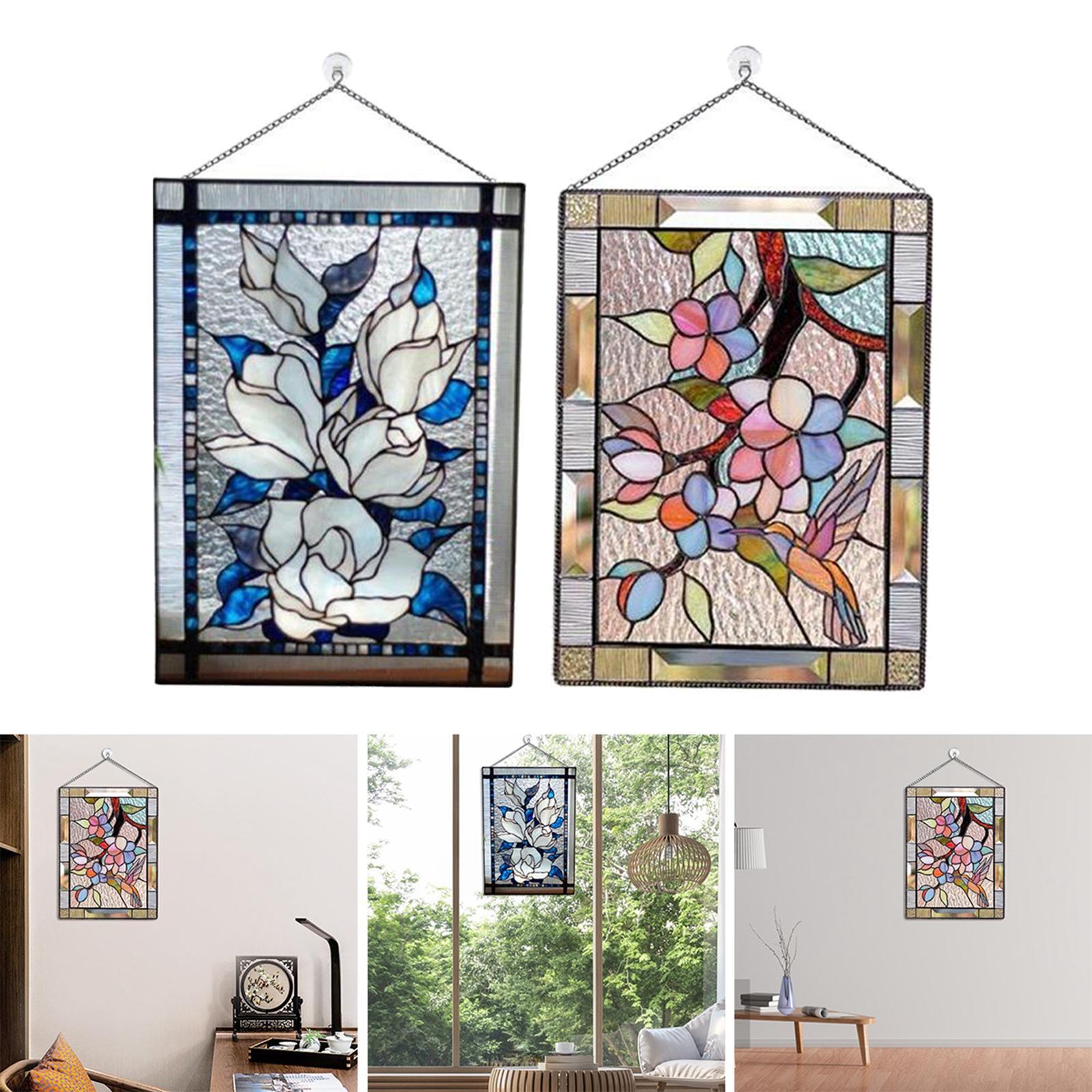 2x Stained Glass Window Panel Handcrafted w/ Chain