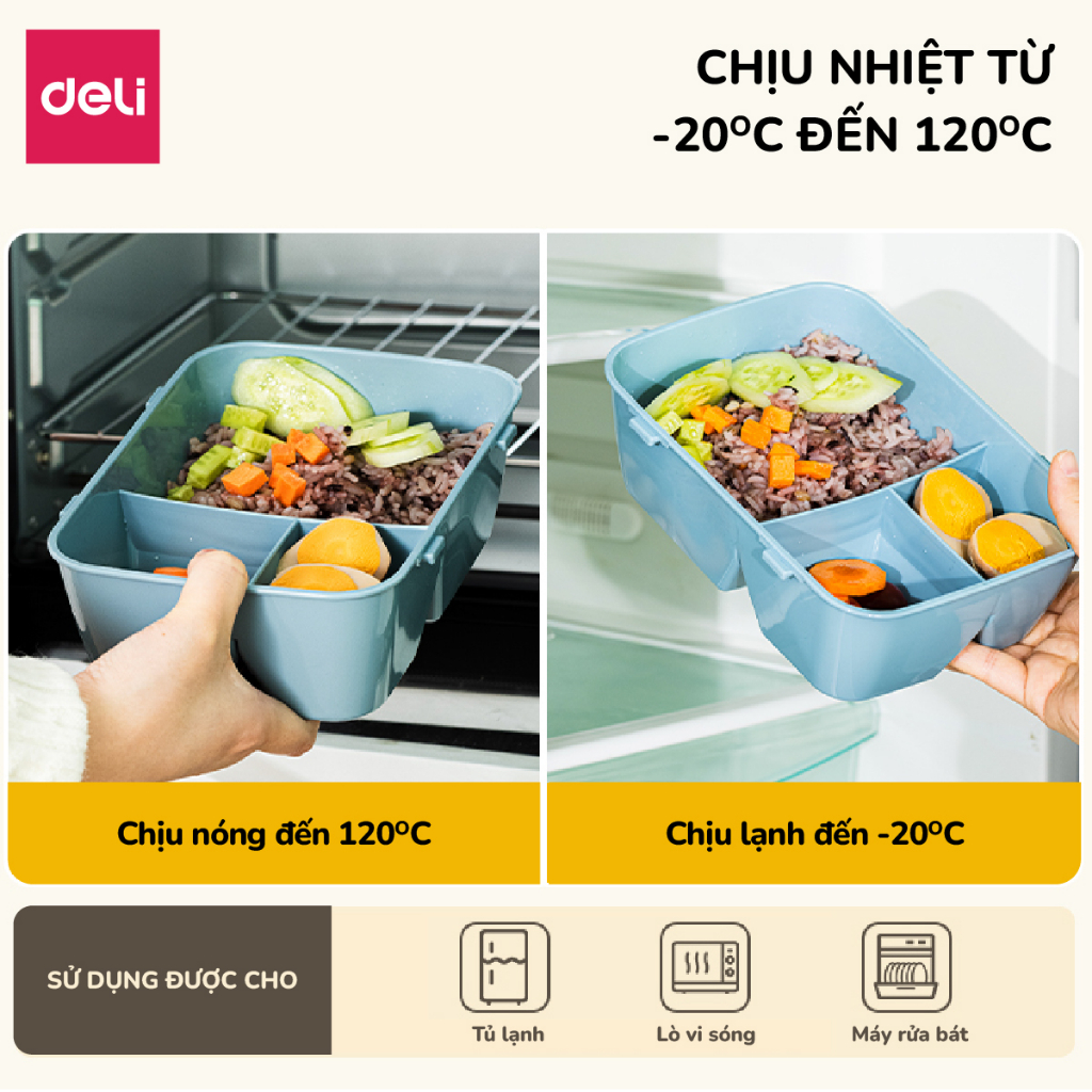 Hộp Đựng Cơm Giữ Nhiệt Văn Phòng 3 Ngăn Deli - Dùng Được Lò Vi Sóng Chống Tràn Hộp Cơm Trưa, Cơm Bento Tặng Kèm Thìa Nhựa An Toàn Học Sinh Văn Phòng