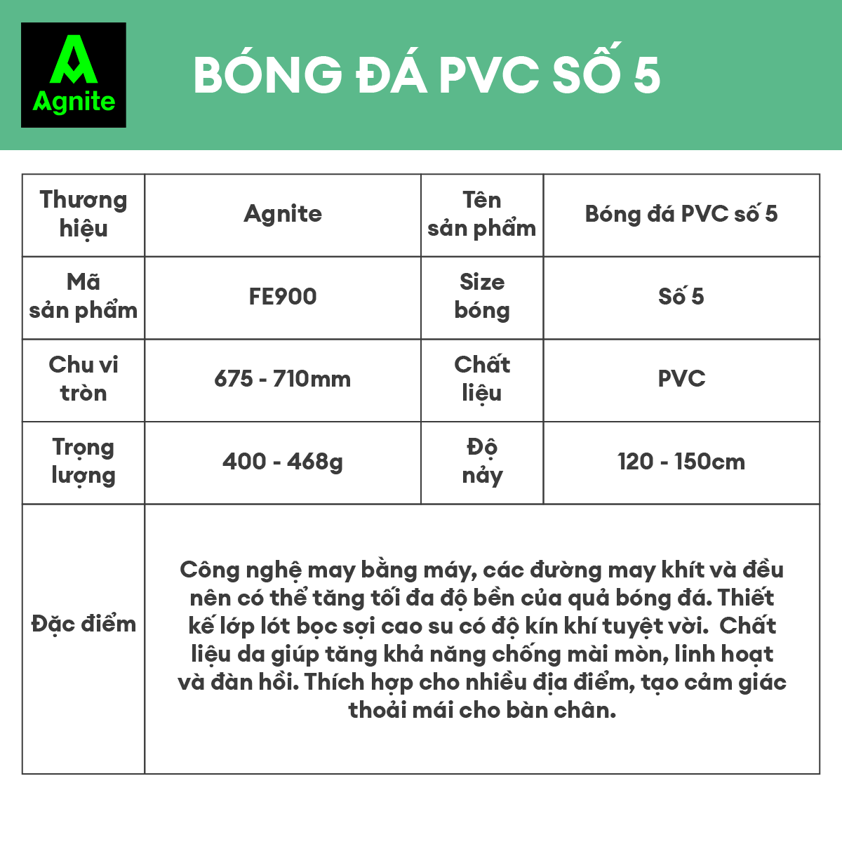 Quả bóng đá tiêu chuẩn số 5 Agnite chính hãng - Banh đá bóng số 5 giá rẻ - Chất liệu PVC chống thấm nước - FE900