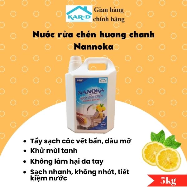 Nước rửa chén bát hương chanh Nanoka 5kg Rửa sạch dầu mỡ, Khử mùi tanh, Bảo vệ da tay