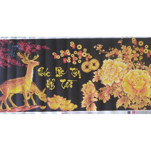 (ĐÃ ĐÍNH) Tranh đính đá thành phẩm AH 77251 PHÚC LỘC THỌ HỶ TÀI 158x65cm