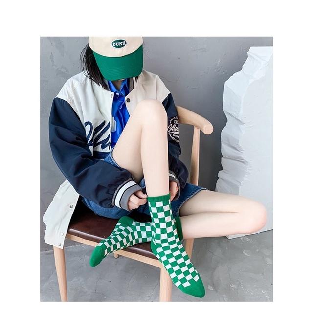 Tất icon chữ C mix caro cao bắp tone xanh hot trend 2022