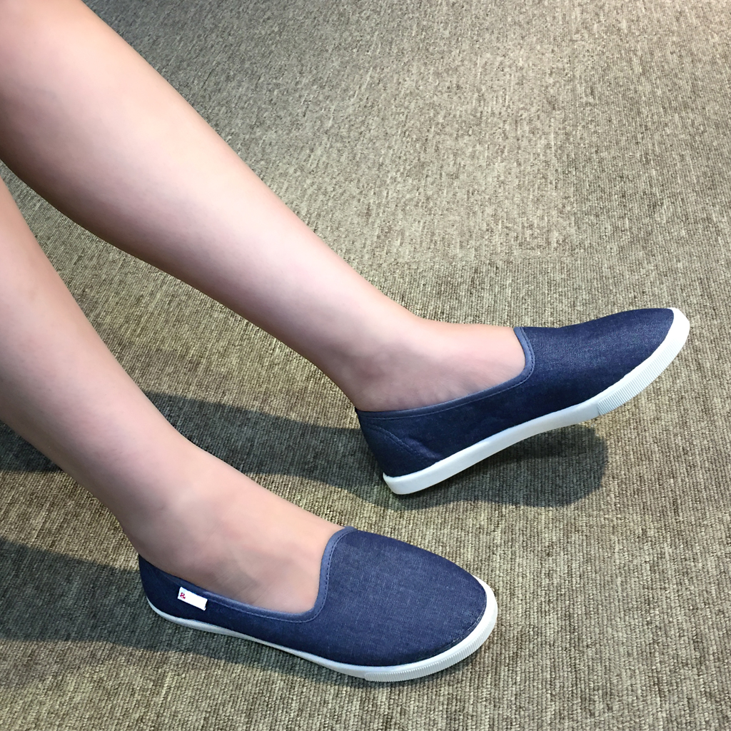 Giày slip on nữ mũi tròn búp bê siêu mềm êm chân chuyên dụng đi bộ tôn dáng đẹp - màu xanh jeans vải Canvas