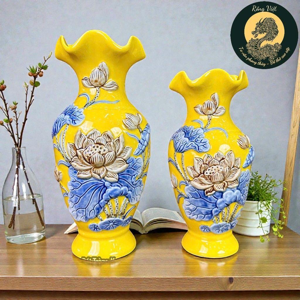Lọ Lộc Bình Men Vàng Hoa Sen đắp nổi RỒNG VIỆT - Gốm Bát Tràng Trang Trí ban thờ thần tài, gia tiên