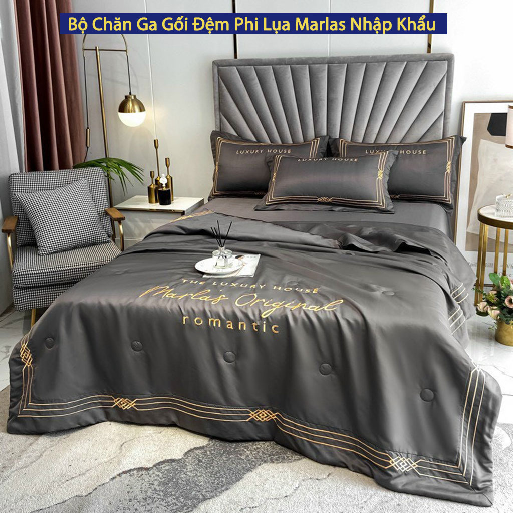 Bộ Chăn Ga Vỏ Gối Đệm Phi Lụa Nhập Khẩu Marlas Bộ Drap Giường Lụa Tencel Cao Cấp Bo Chun Drap Chăn Chần Bông