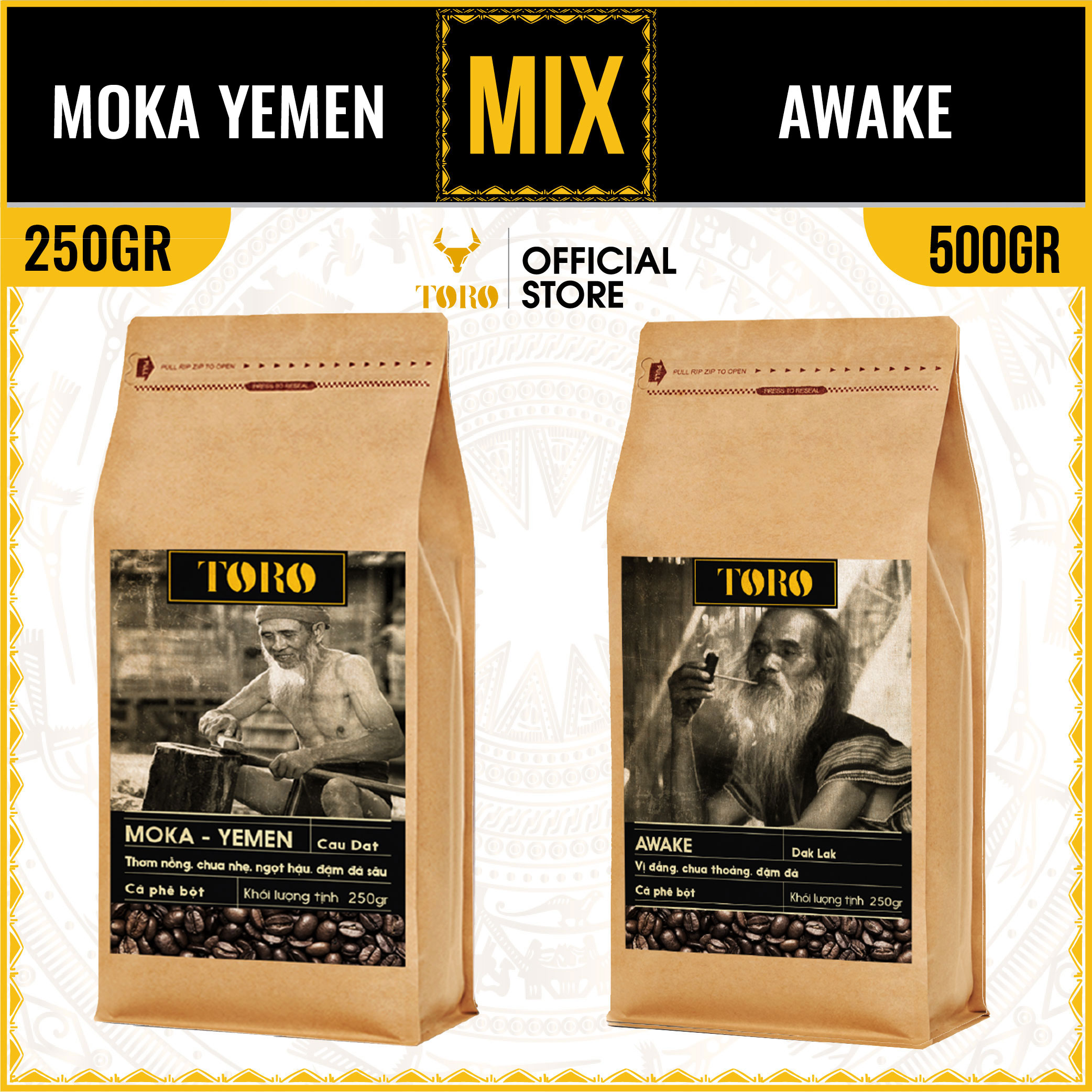 Bộ Mix Cà Phê Bột Toro Moka Yemen & Toro Awake Nguyên Chất 100% | 250GR & 500GR/Gói | TORO FARM