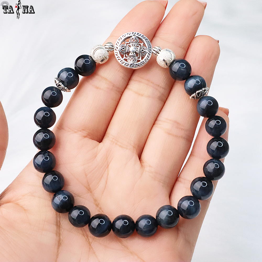 Vòng tay thạch anh mắt chim ưng 8mm mix charm bạc 925 cao cấp
