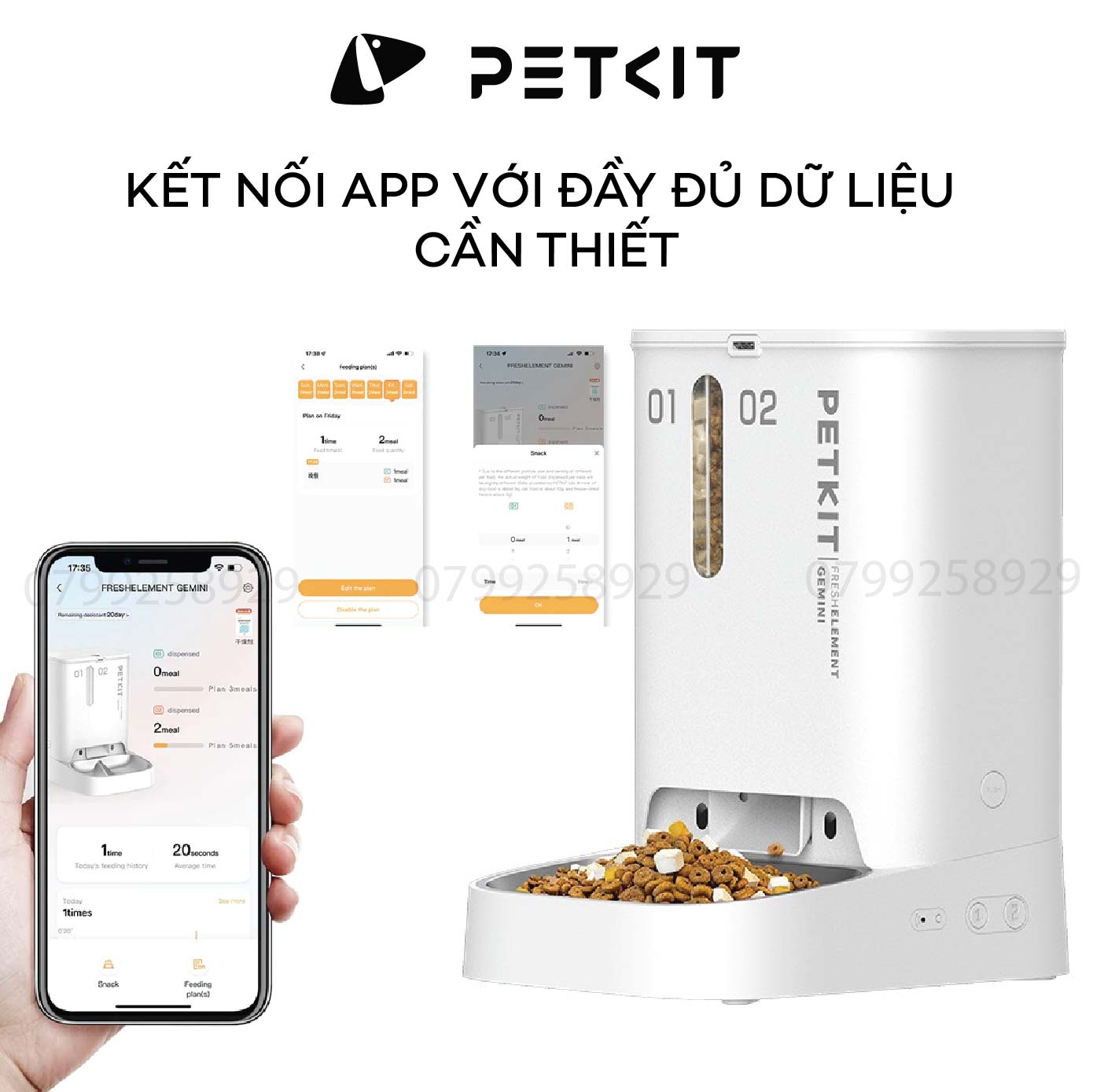 Máy Cho Chó Mèo Ăn Tự Động Petkit Gemini Kết Nối Wifi, Hai Ngăn, Dung Tích 5 Lít