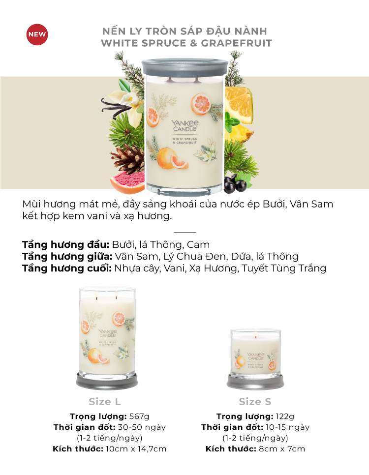 Nến ly tròn sáp đậu nành Yankee Candle size S (122g) - White Spruce &amp; Grapefruit