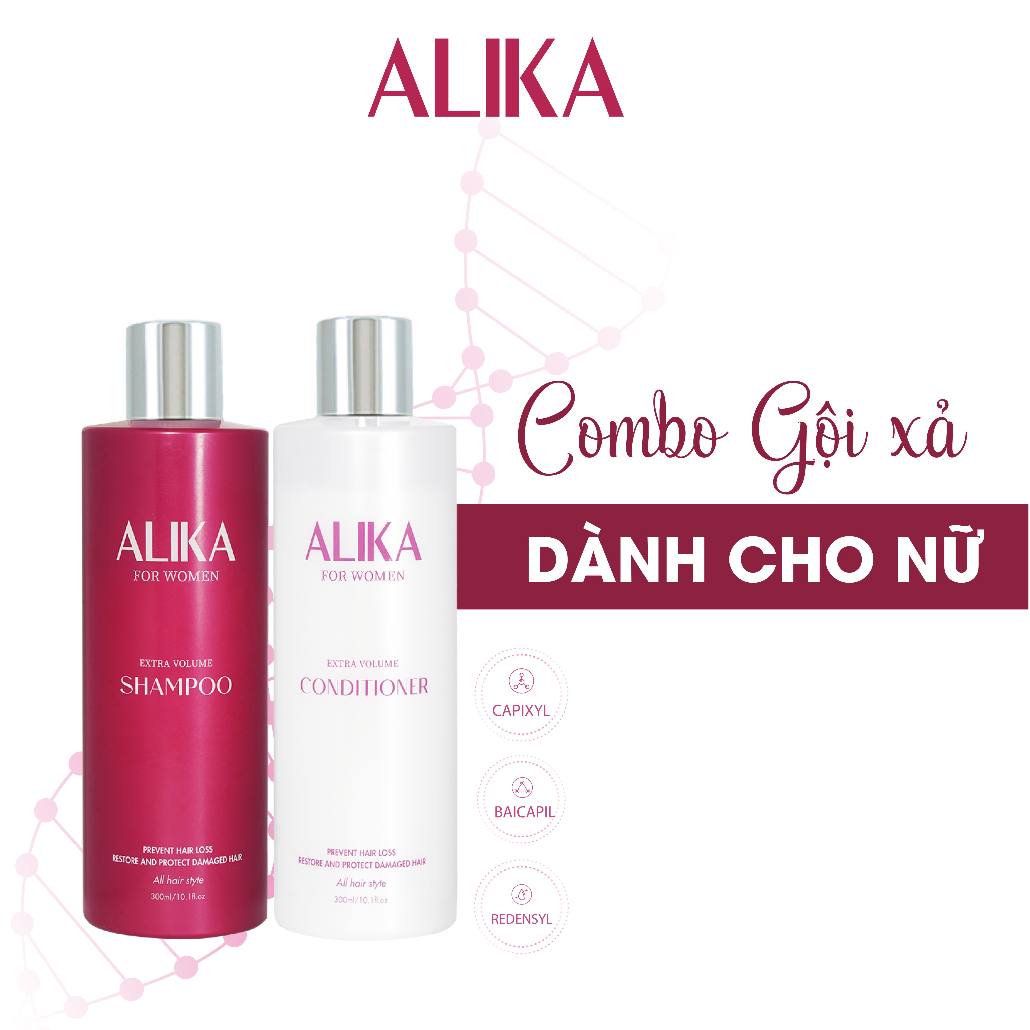 Combo Gội Xả Nữ Alika , Giảm Rụng,Kiểm Soát Dầu,Tóc Chắc Khoẻ,Dưỡng Mọc Tóc Mềm Mượt , Chai 300ml