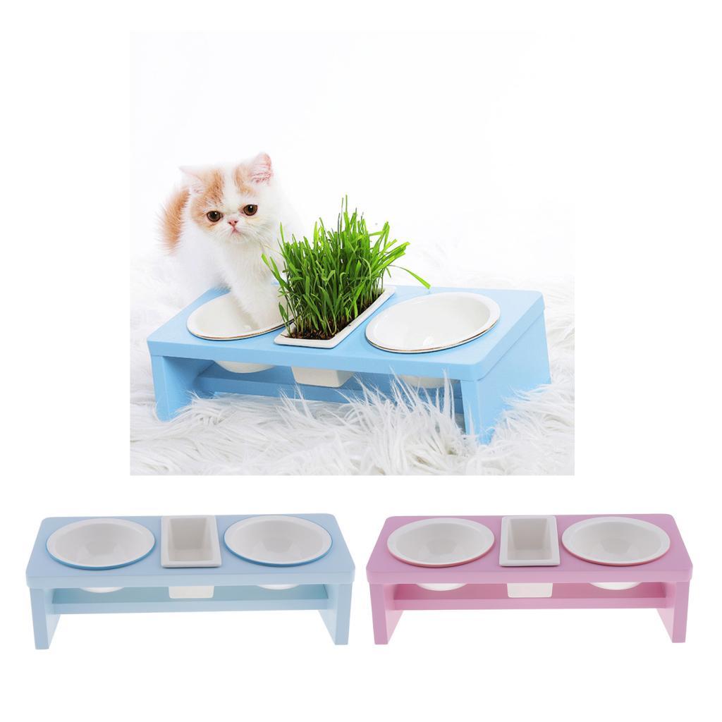 Pet Ceramic Food Water Feeding Bowl With Wooden Stand For Cat Dog Sky Blue