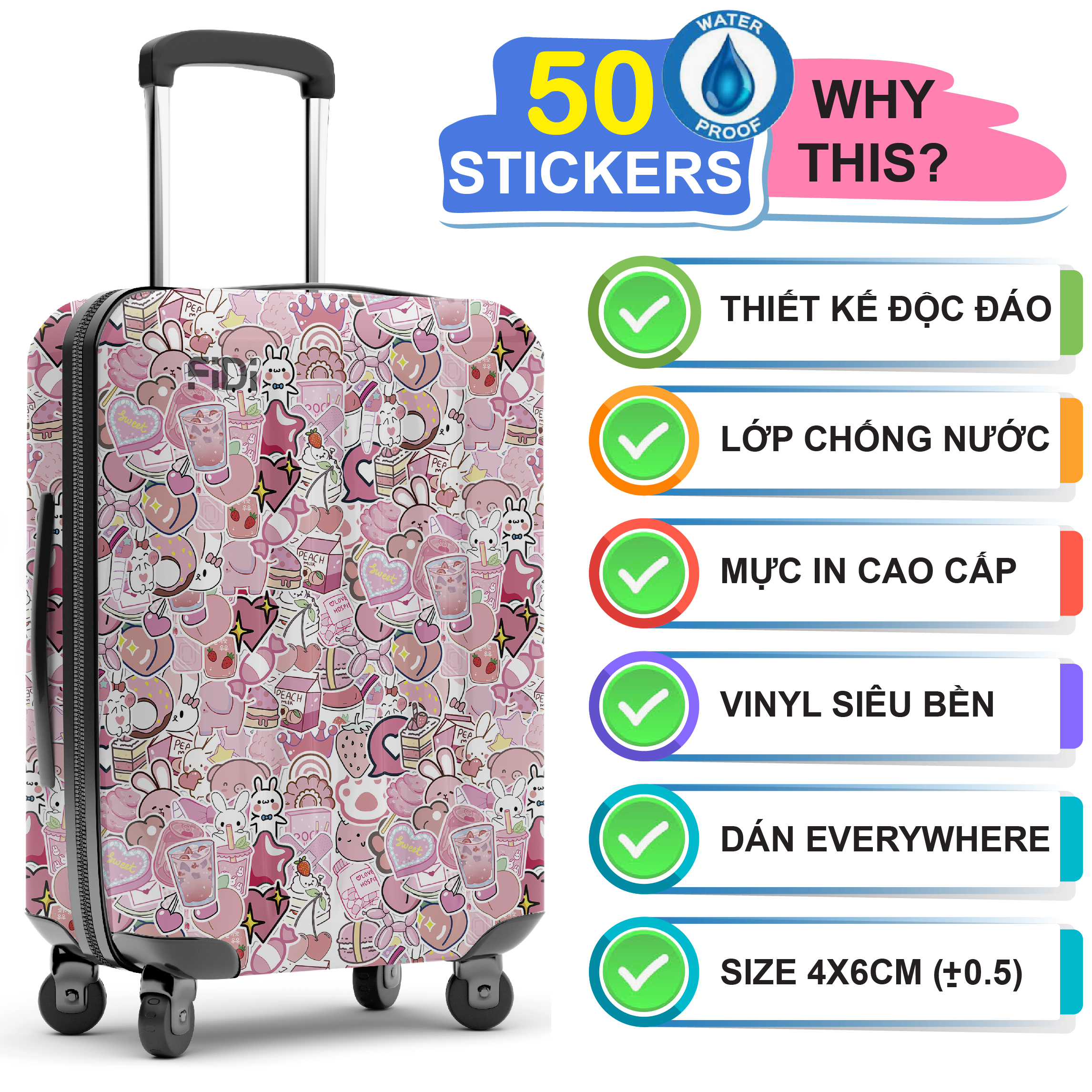 50 Stickers Cô gái màu hồng -Giấy Hình dán dễ thương hoạt hình trang trí laptop, điện thoại, ipad, cốc nước, sổ tay, vali du lịch, scooter, ván trược - Chống thấm nước