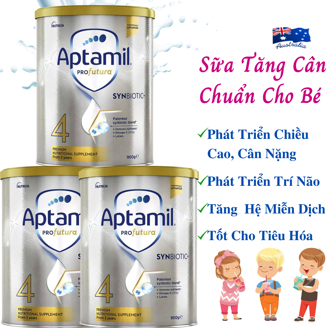 Sữa Tăng Cân Cho Bé Aptamil Profutura Synbiotic 4 NK Úc Giàu Dưỡng Chất Gồm Các Nhóm Vitamin, Khoáng Chất, Omega-3, Men Vi Sinh Giúp Bé Phát Triển Chiều Cao, Cân Nặng, Trí Não, Hỗ Trợ Tiêu Hóa Tốt, Tăng Chức Năng Hệ Miễn Dịch – 3 Hộp x 900g