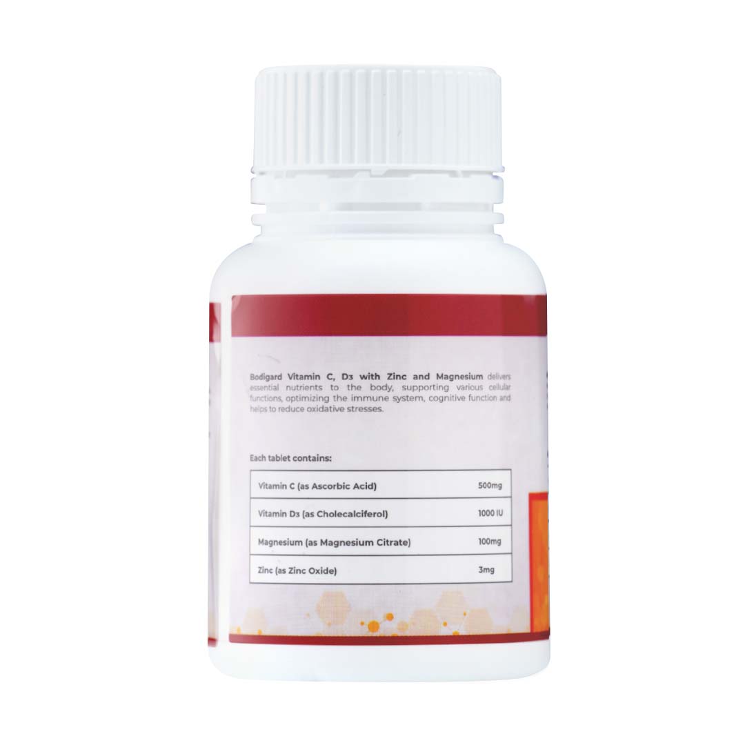 Viên uống tổng hợp bổ sung Vitamin C, D3, Kẽm và Magie giúp chắc khỏe xương, giảm stress, bồi bổ sức khỏe và tăng sức đề kháng Bodigard Vit C, D3, Zn & Mg