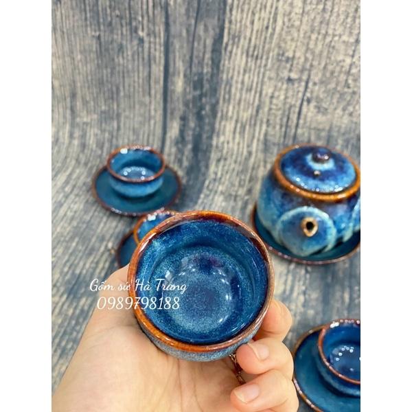 Bộ ấm chén quai ngang kiểu Nhật gốm sứ Bát Tràng cao cấp men hoả biến thiên thanh dung tích 420ml