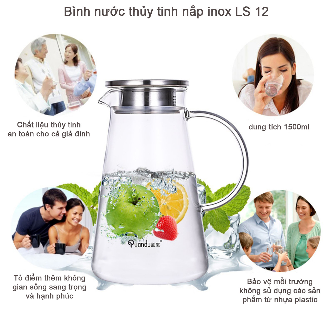 Bình nước thủy tinh nắp inox cao cấp LS12 dung tích 1500ml