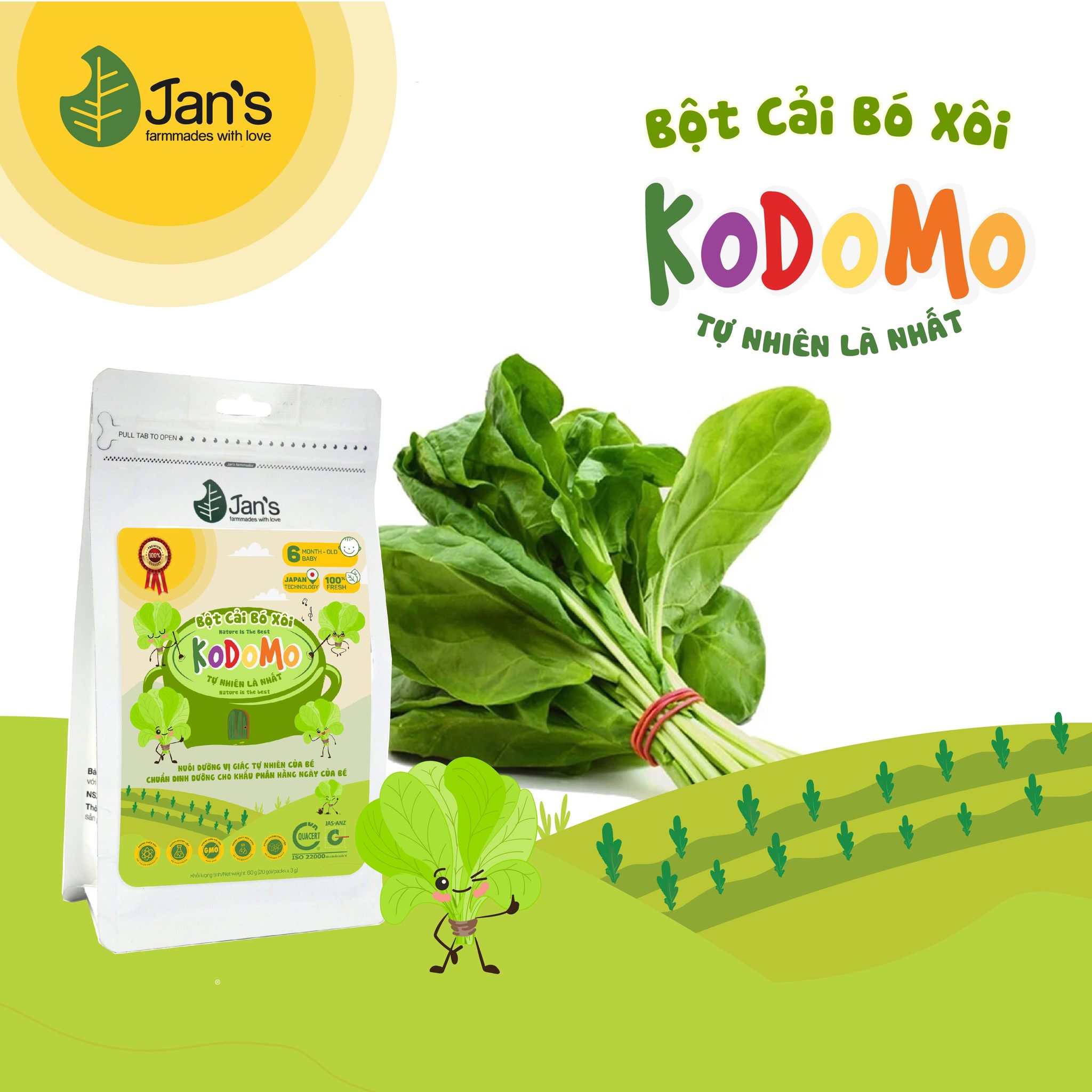 Bột Cải bó xôi Kodomo - Bột rau củ tự nhiên cho bé ăn dặm 60g (20 gói x 3g)