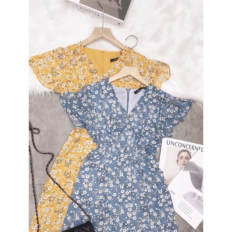 VÁY HOA TƠ CỔ V 2 MÀU XANH VÀNG CHO NỮ