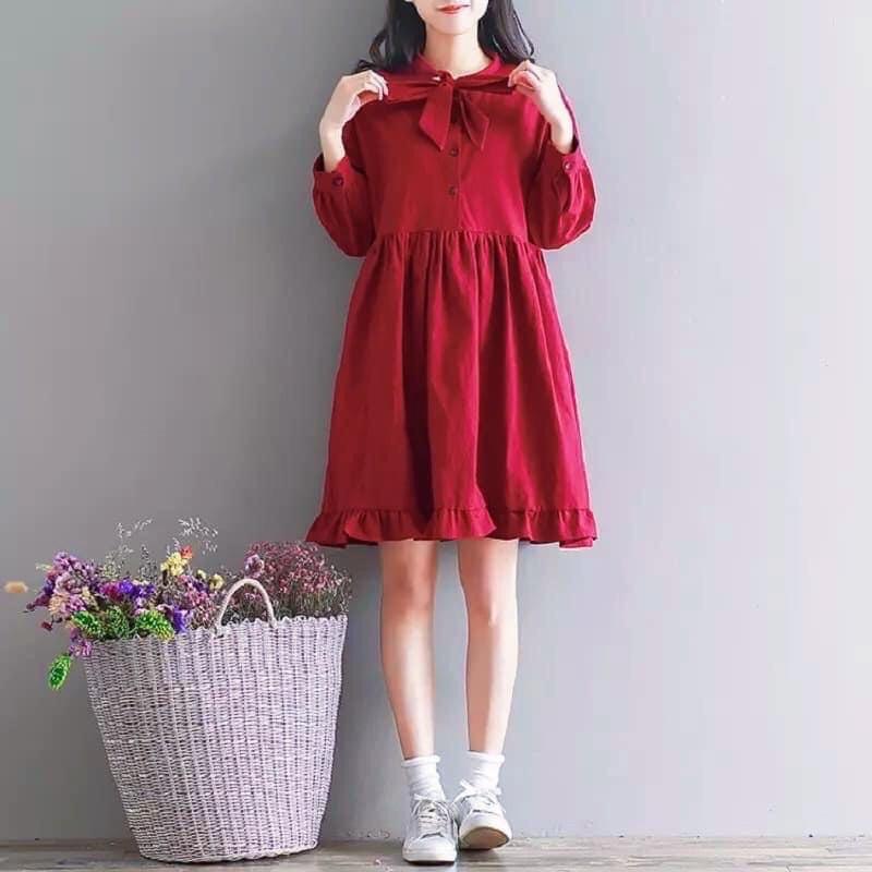 Đầm váy babydoll ĐỎ NƠ CỔ