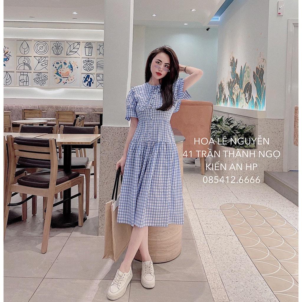 Đầm Nữ Caro Xanh Cộc Tay Dáng Dài  Váy Nữ Khuy Cài Dáng Xòe
