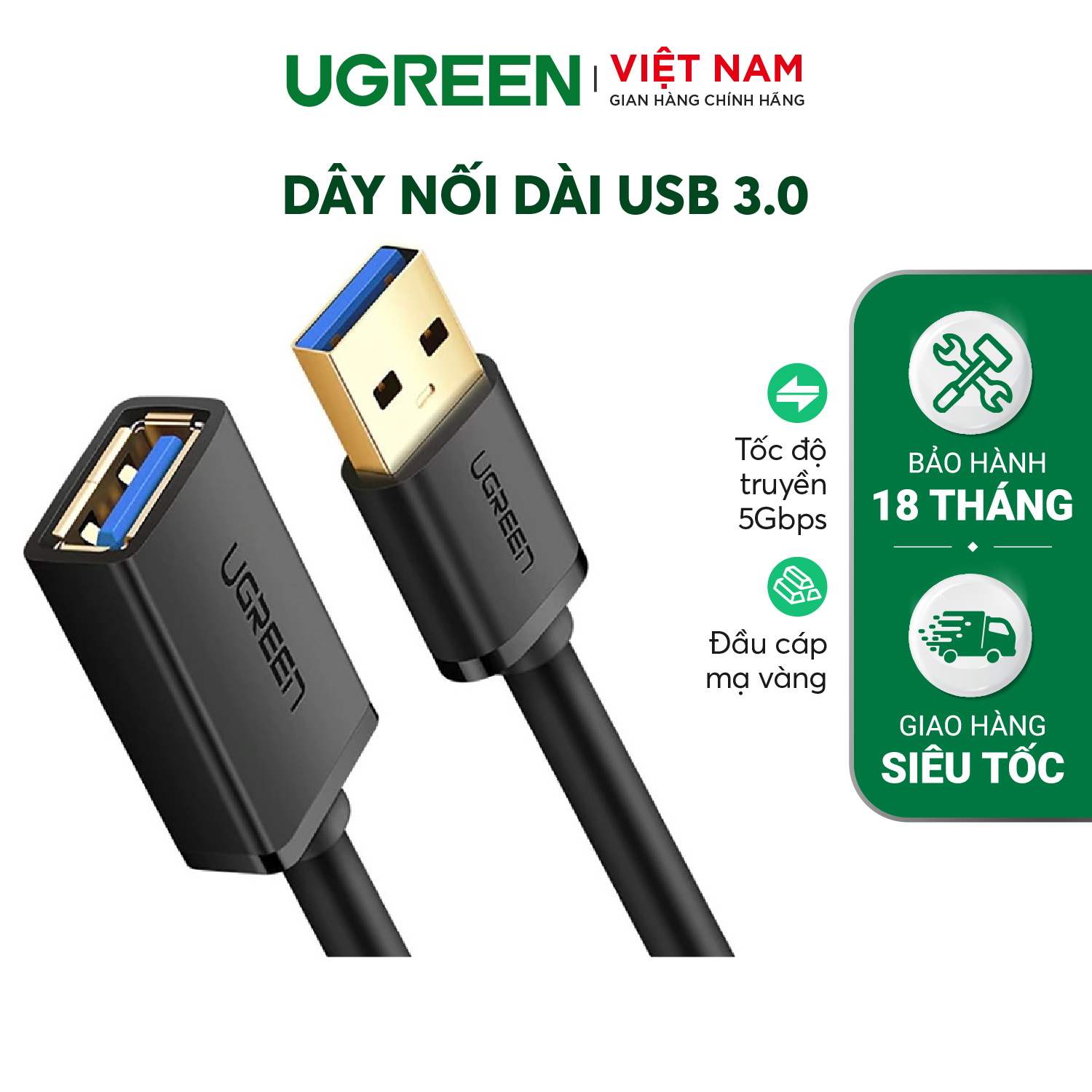 Dây nối dài USB 3.0 mạ vàng dài từ 1-3m UGREEN US129 dây dạng dẹt và tròn - Hàng Chính Hãng