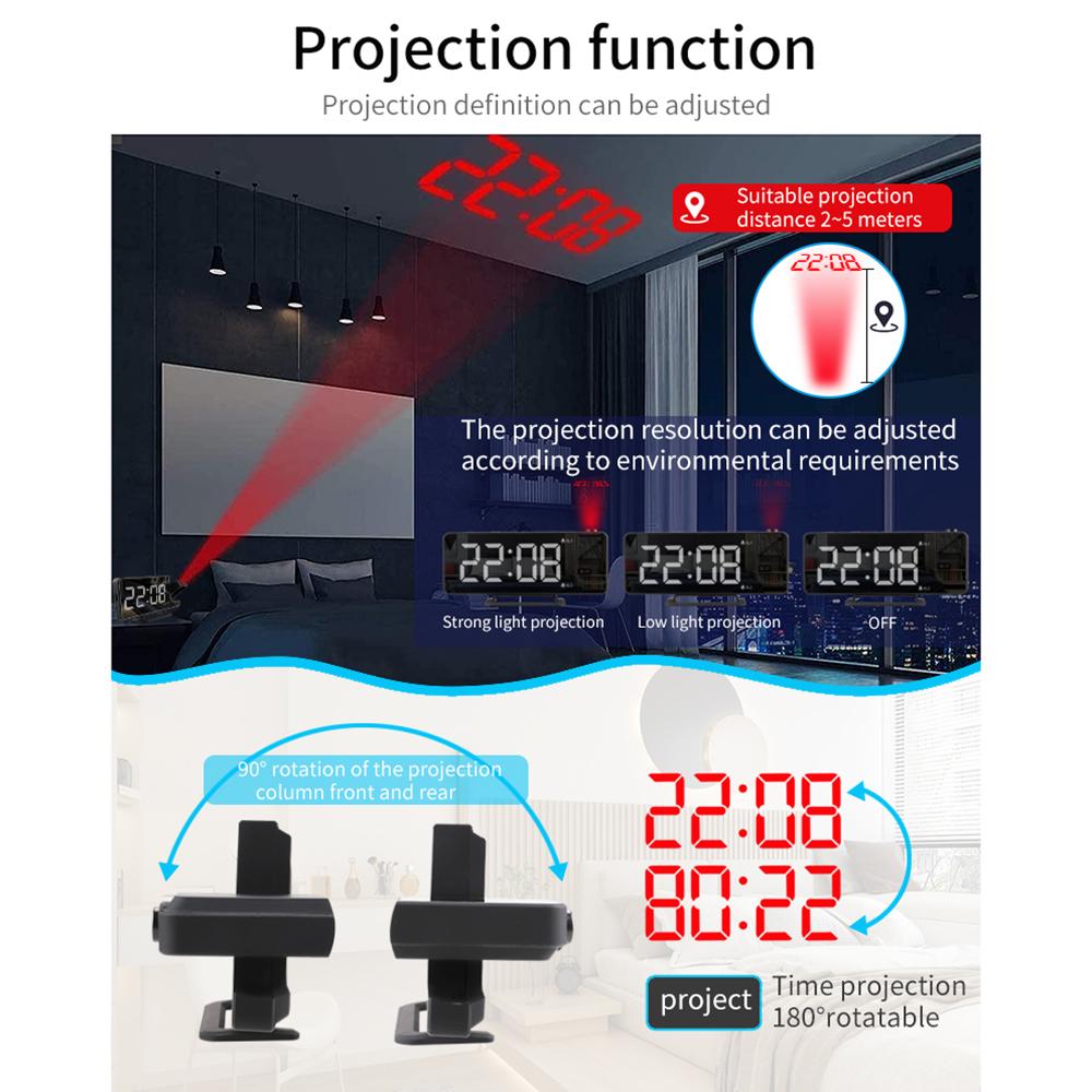Đồng hồ báo thức TS-9210 trình chiếu kỹ thuật số LED, có chức năng Snooze, 6 Cấp độ sáng