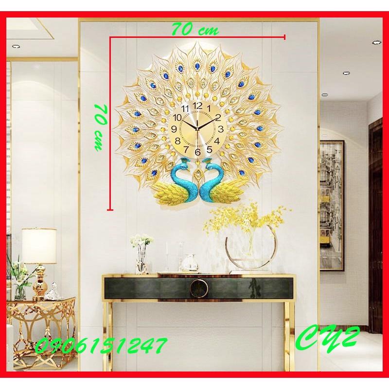 Đồng hồ treo tường trang trí decor chim công CY2 Khổng Tước vàng kích thước 70 x 70 cm