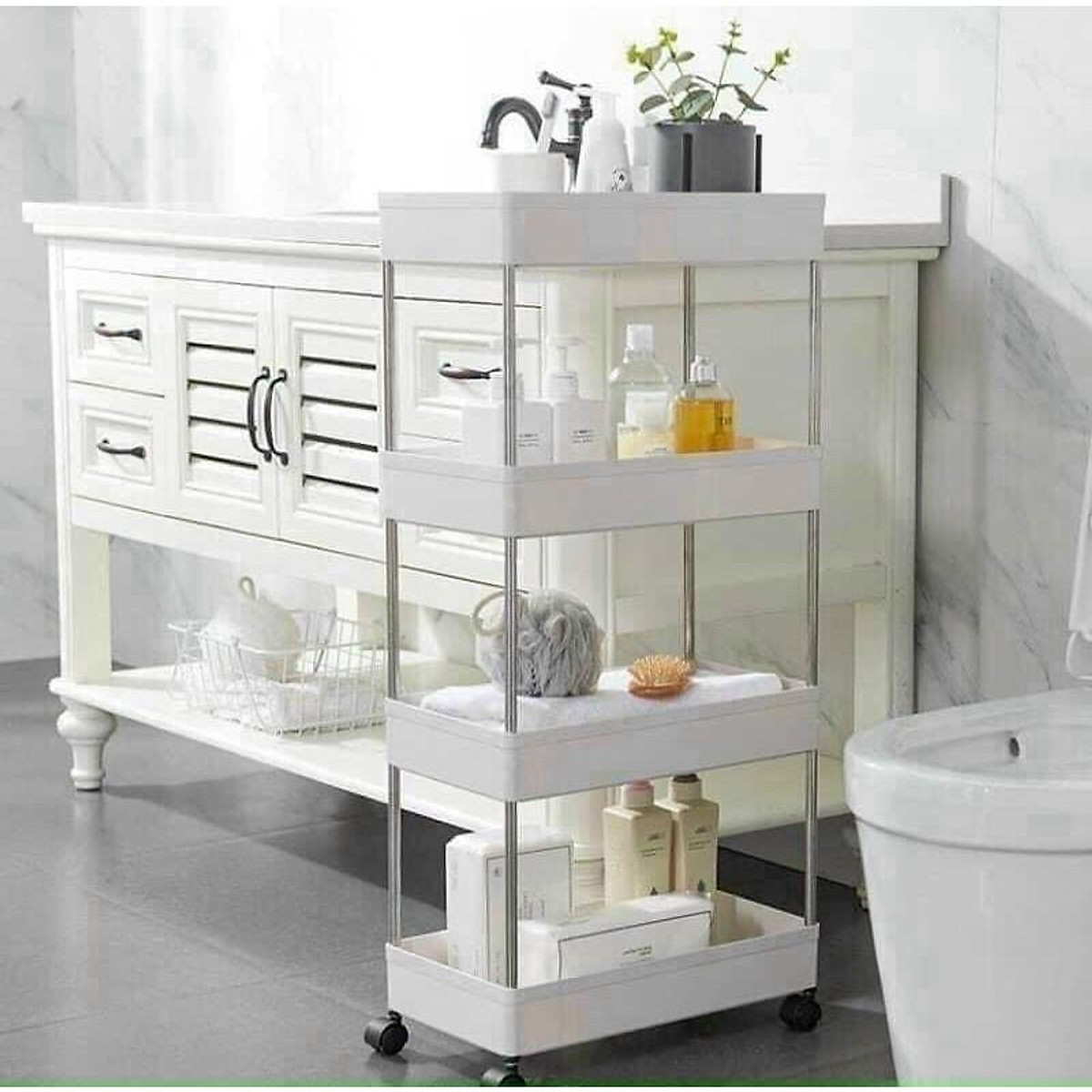 Kệ Để Đựng Đồ Đa Năng 4 Tầng - Thanh Inox - Giá Nhựa có lỗ Cao cấp màu trắng - Hàng Loại 1 - Chính Hãng MINIIN