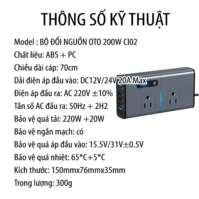 Bộ Chuyển Đổi Nguồn oto 200W- IVERTER 2V/24V – 220V (3USB, TYPE C, 2 AC) CI02 giao hành nhanh