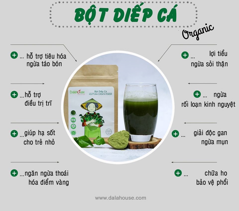 Bột Diếp Cá hữu cơ nguyên chất sấy lạnh Dalahouse - Tuýp 3gr - Mát Gan, ngừa mụn, ngừa trĩ và táo bón. Hỗ trợ bảo vệ Phổi