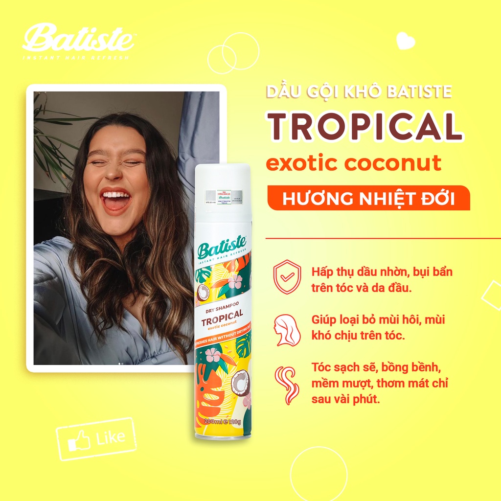 Dầu Gội Khô Batiste Hương Hoa Nhiệt Đới - Batiste Dry Shampoo Coconut &amp; Exotic Tropical 200ml