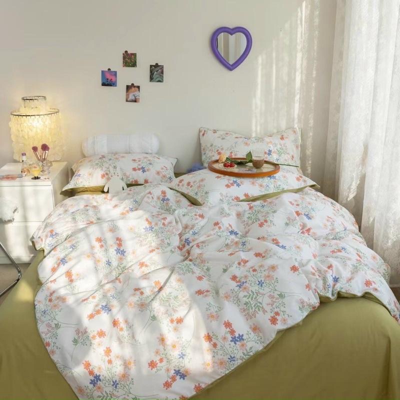 Set Chăn Ga Gối Côtton Living 100%cotton Hàng Nhập Khẩu Cao Cấp 4 Món Hoa Trắng Ga Xanh