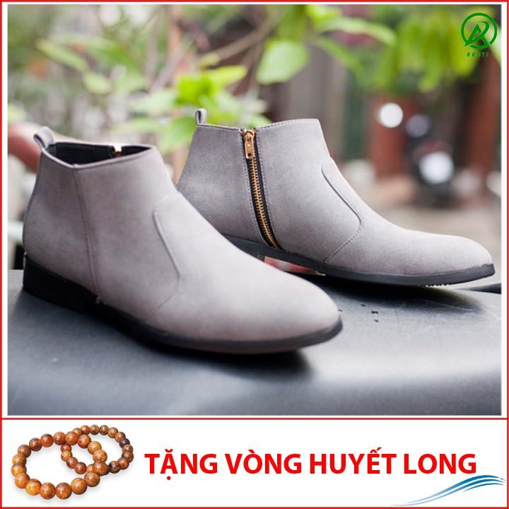 Giày Chelsea Boot Nam Cổ Khóa Rất Dễ Xỏ Da Búc Màu Xám Cực Đẹp - CB521-bucxamkhoa(HL)- Kèm Vòng Gỗ Huyết Long