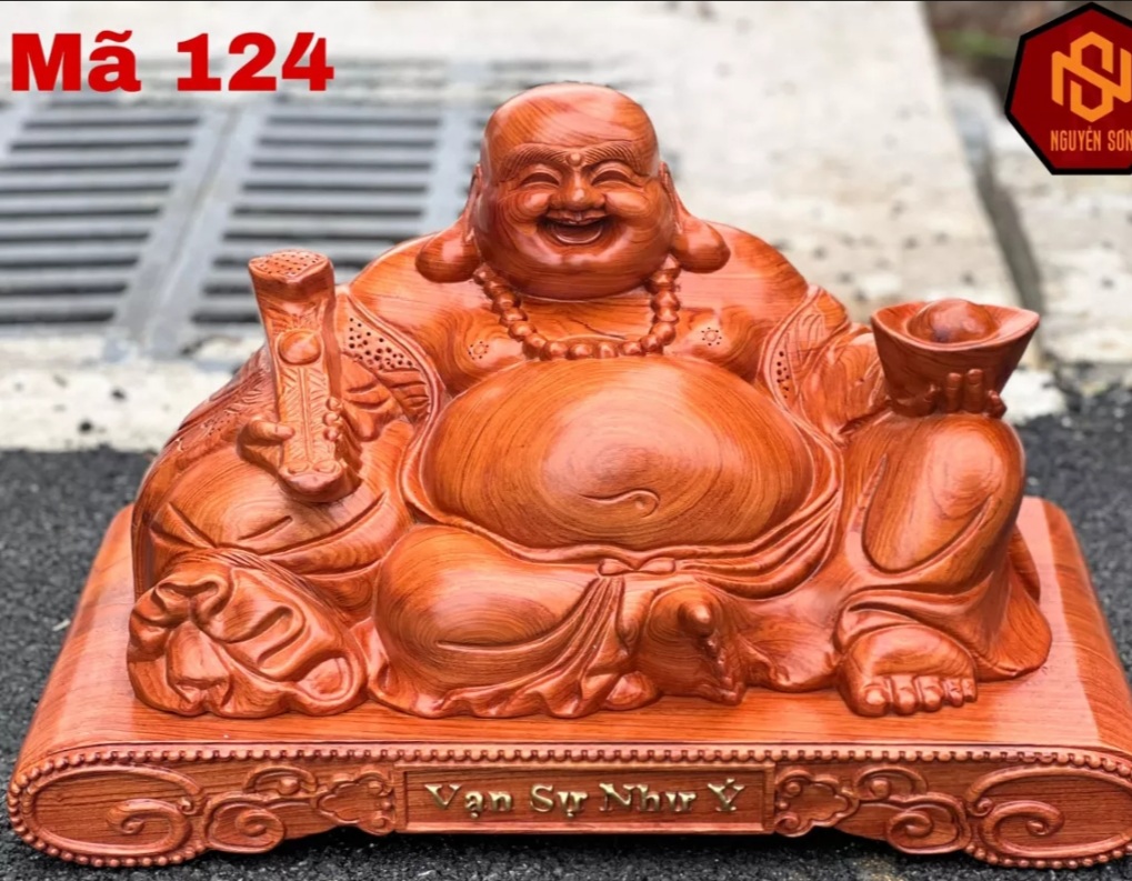 Tượng Phật Di Lặc bằng gỗ hương đế cuốn vạn sự như ý ngang 50cm