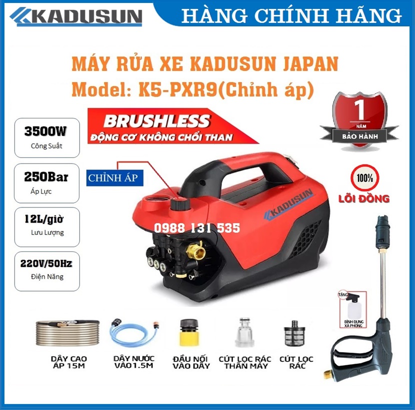 Máy rửa xe máy phun xịt rửa áp lực cao mô tơ cảm ứng từ lõi đồng điều chỉnh áp lực nước tự hút nước thông minh Hàng chính hãng Kadusun K5-PXR9