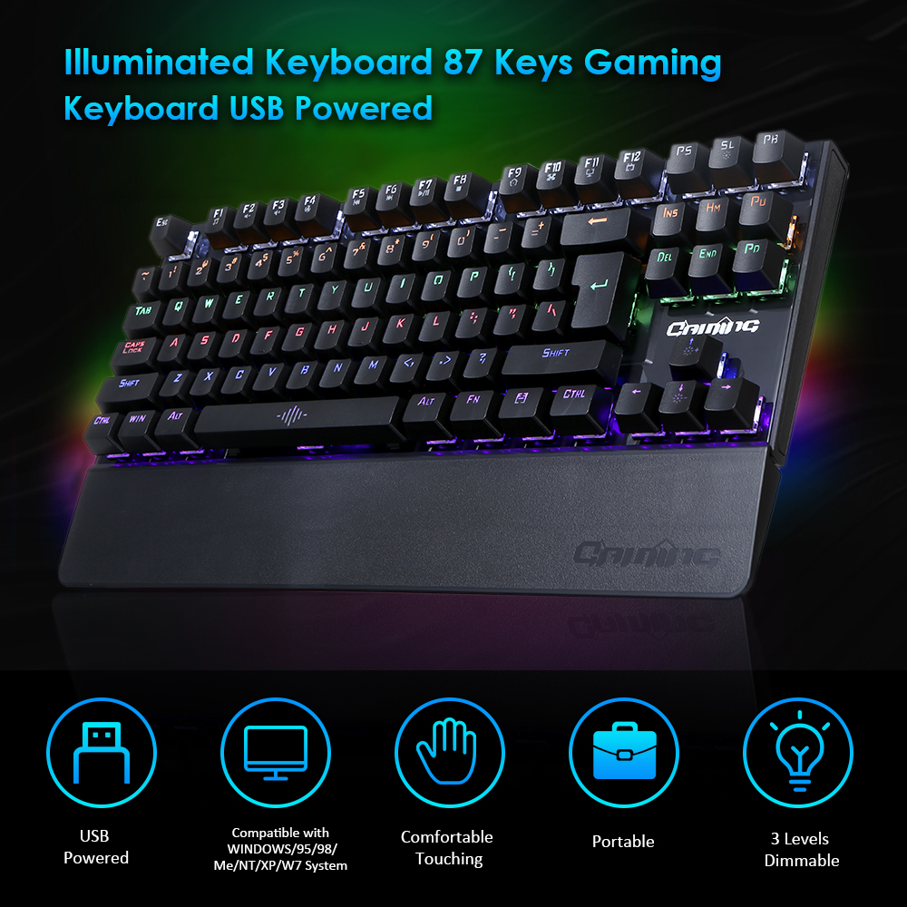 87 Phím Bàn phím chơi game được hỗ trợ bởi USB Hoạt động ở 3 cấp độ Có thể điều chỉnh độ sáng
