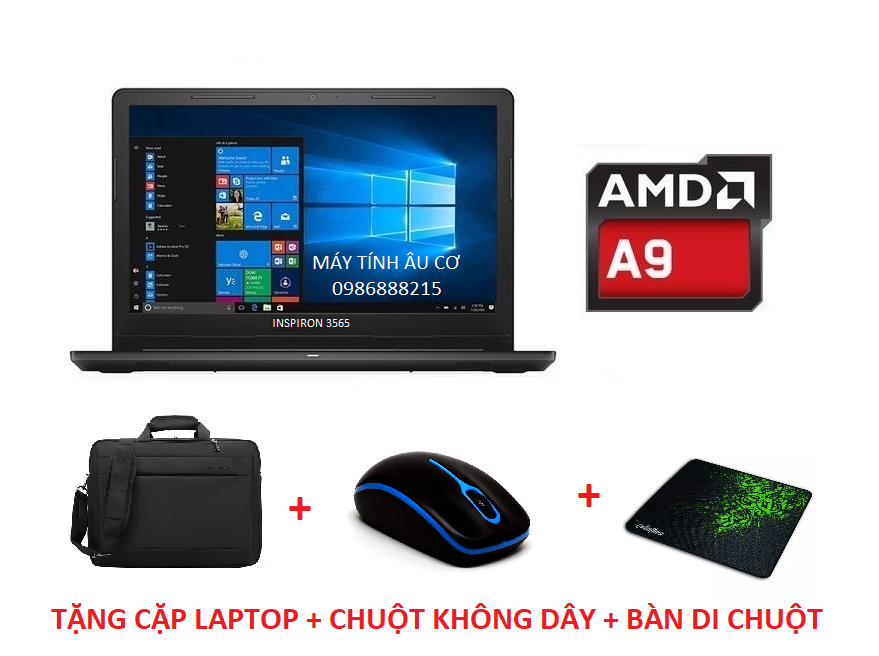 Laptop văn phòng modell  INSPIRON 3565 15.6 INCH ( A9-9400 3.20GHZ, SSD 256GB, 8GB, AMD R5,15,6&quot;, W10) ) , Cặp , CHUỘT  , BÀN DI CHUỘT ) - HÀNG CHÍNH HÃNG