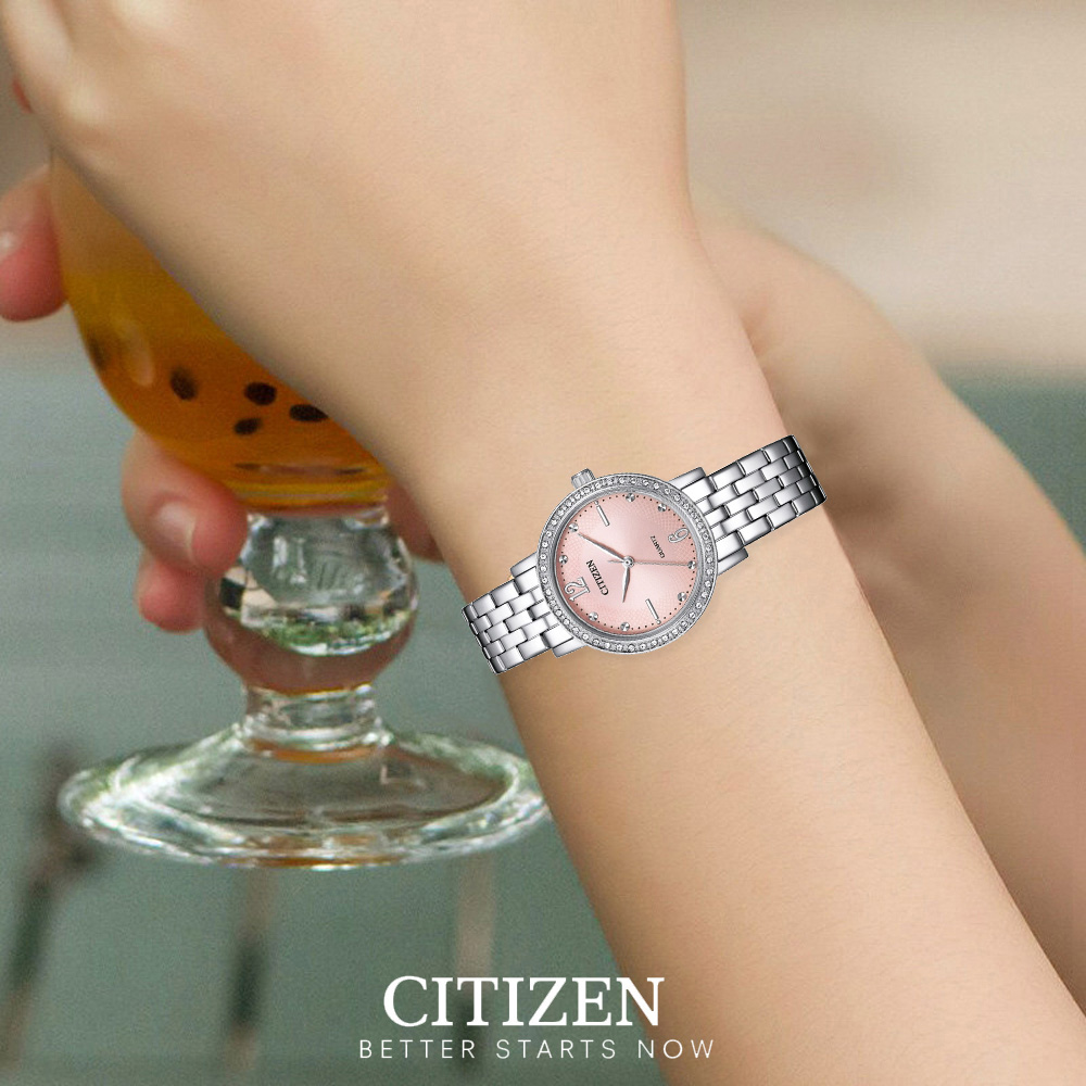 Đồng Hồ Nữ Citizen Pin-Quartz Đính Đá Swarovski Dây Thép Không Gỉ EL3100-55W - Mặt Hồng (31mm)