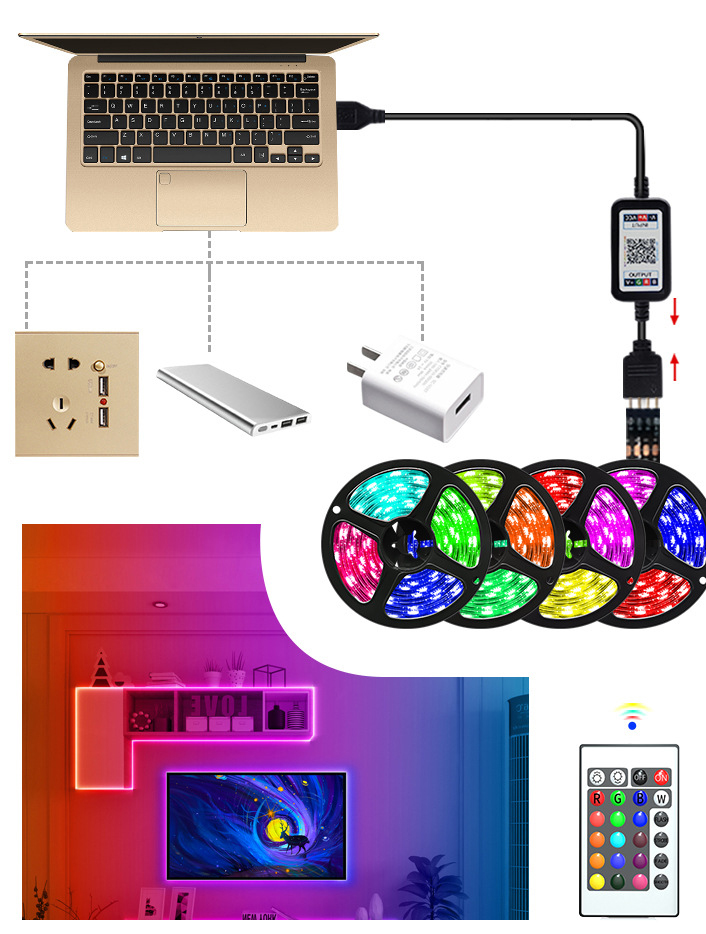 Cuộn Dây Đèn LED Kết Nối Bluetooth Trang Trí, Trang Trí Phòng, Dán Tường, Bàn Máy Tính, Tạo Không Gian Quay Video , Chụp Ảnh, Kèm Remote - Chính hãng