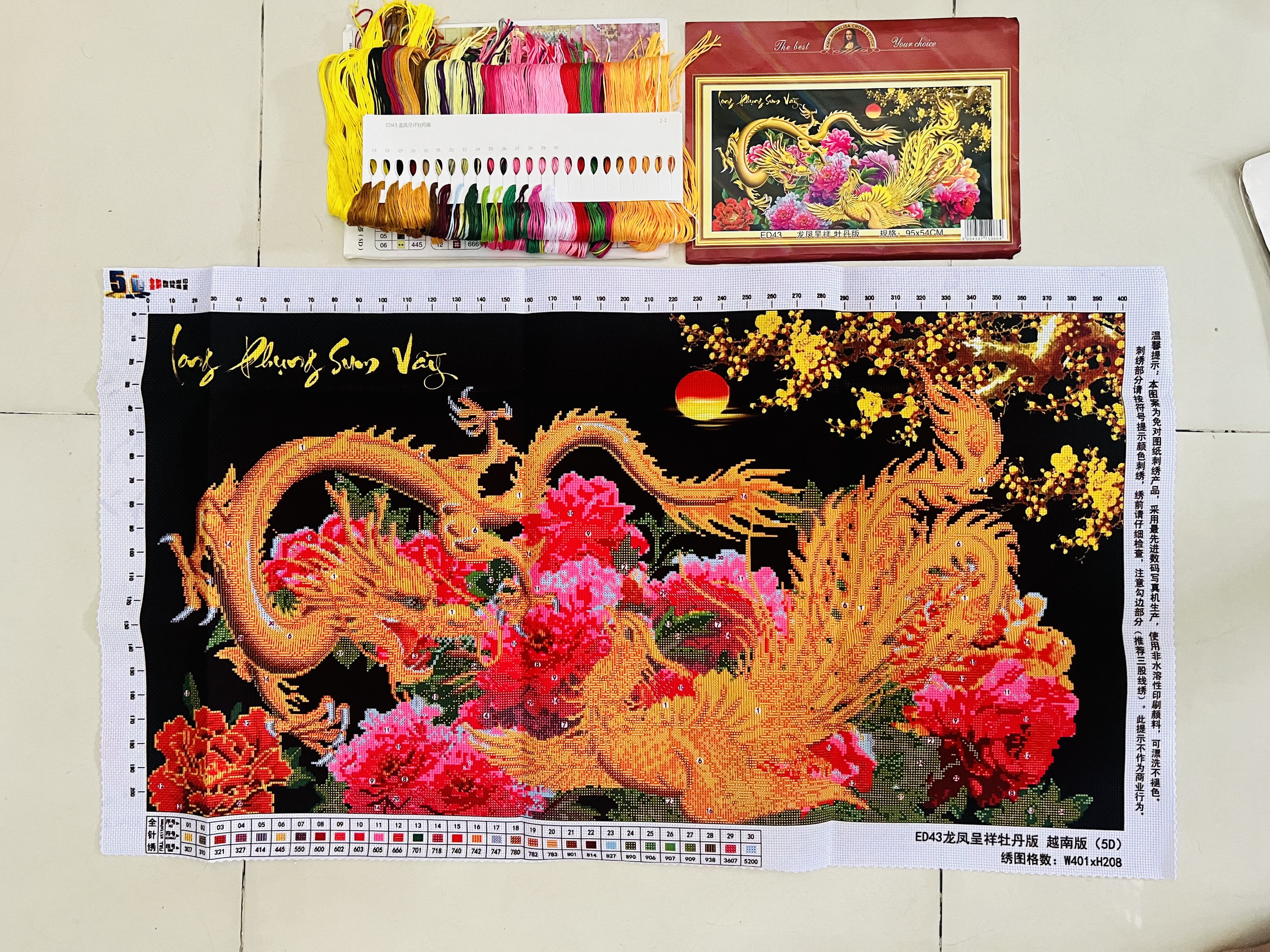 Tranh thêu chữ thập Long phụng sum vầy ED43, kích thước 95 x 54 cm
