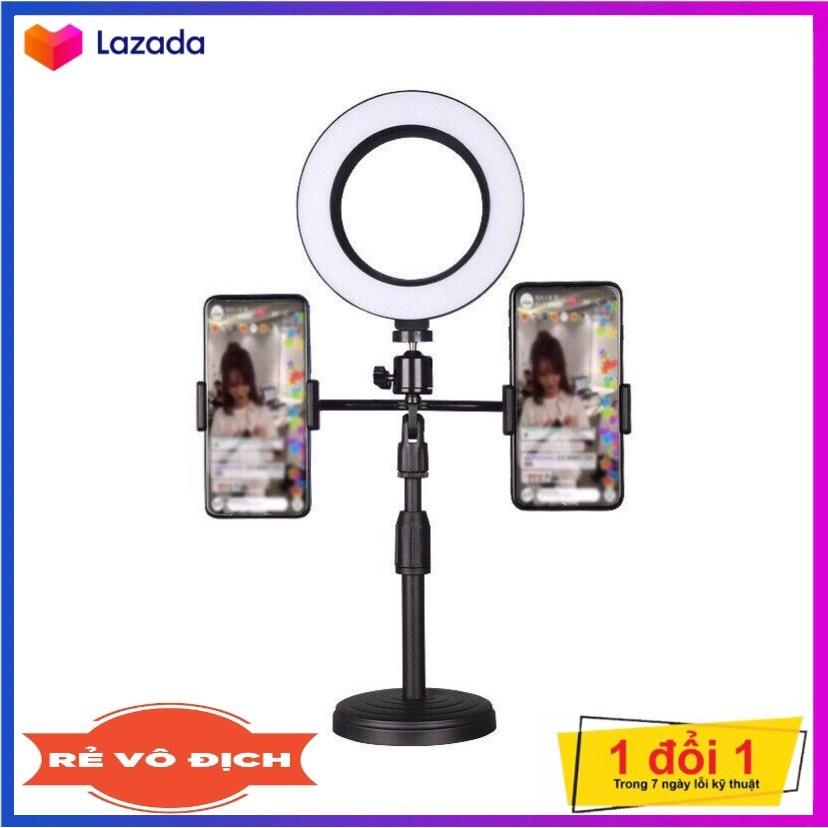 Đèn Livestream Để Bàn 3 Chế Độ Sáng - Kẹp 2 Điện Thoại Có Đèn Hỗ Trợ, Quay Tiktok, Make Up