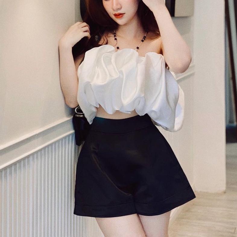Áo croptop trắng trễ vai satin cúp ngực bồng ivy fashion đi biển dự tiệc dạo phố bigsize gợi cảm sexy