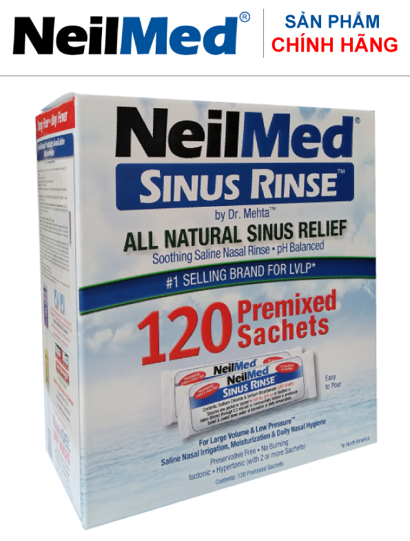 Combo Adult SinusCare : Bình Rửa Vệ Sinh Mũi Xoang Người Lớn NeilMed Sinus Rinse - SX Mỹ, Giải Pháp Tối Ưu hỗ trợ điều trị Viêm Xoang Cấp &amp; Mãn. (Bình 10 gói và Hộp 120 gói muối rửa bổ sung)