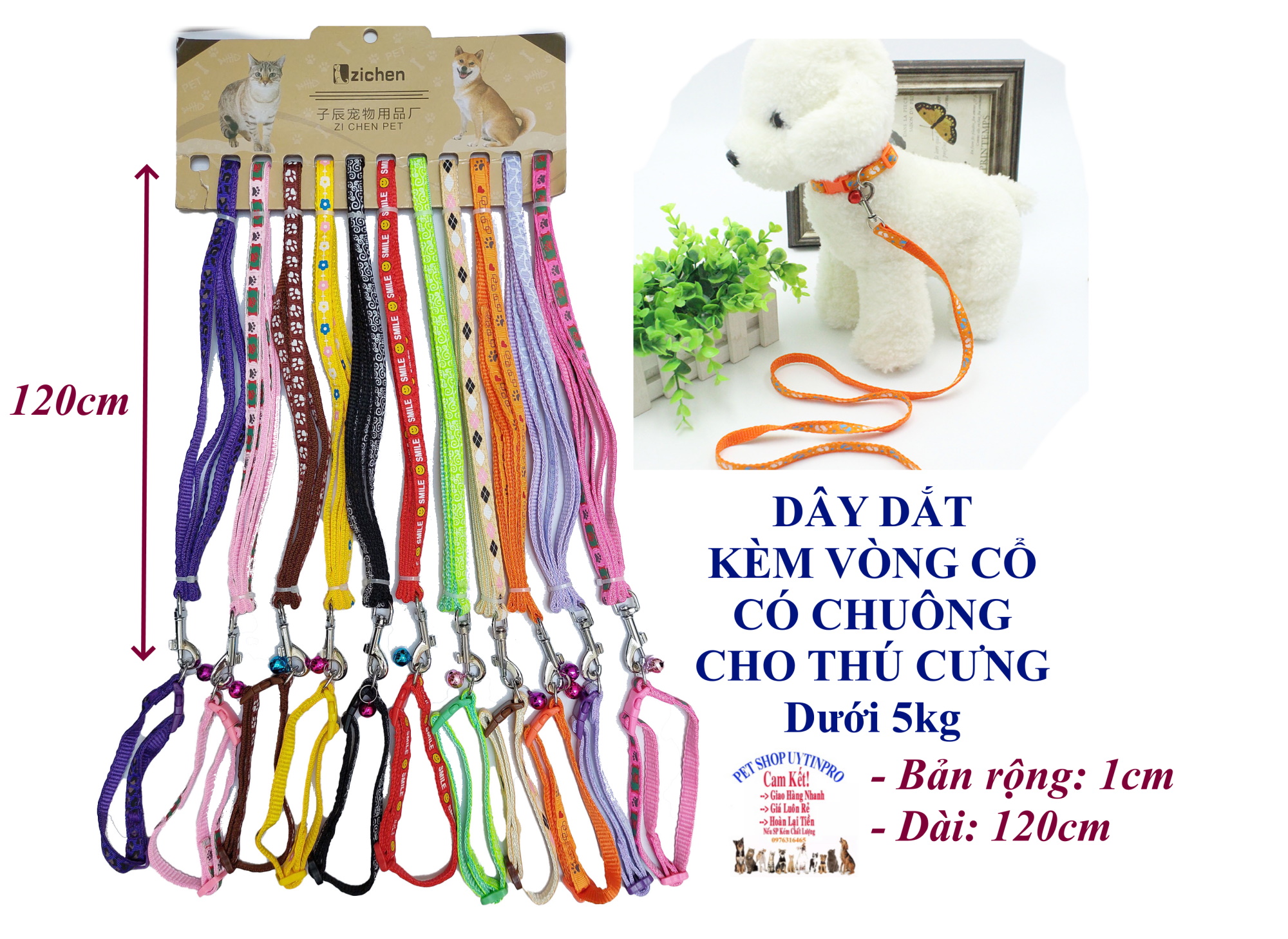 Dây dắt kèm vòng cổ có chuông cho Chó Mèo Dưới 5kg Bản rộng 1cm Dài 120cm Zichen In hình bất kỳ Chất liệu dù cao cấp