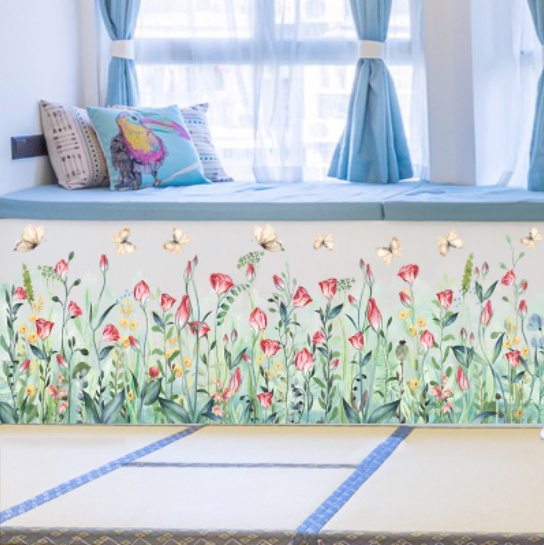 Decal trang trí tường - Chân tường hoa lá hồng